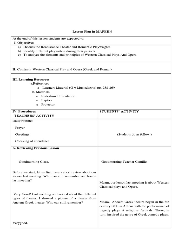 Lesson Plan in MAPEH 9 | PDF