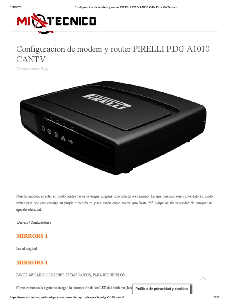 Configuracion de Modem y Router PIRELLI P.DG A1010 CANTV MixTecnico | PDF