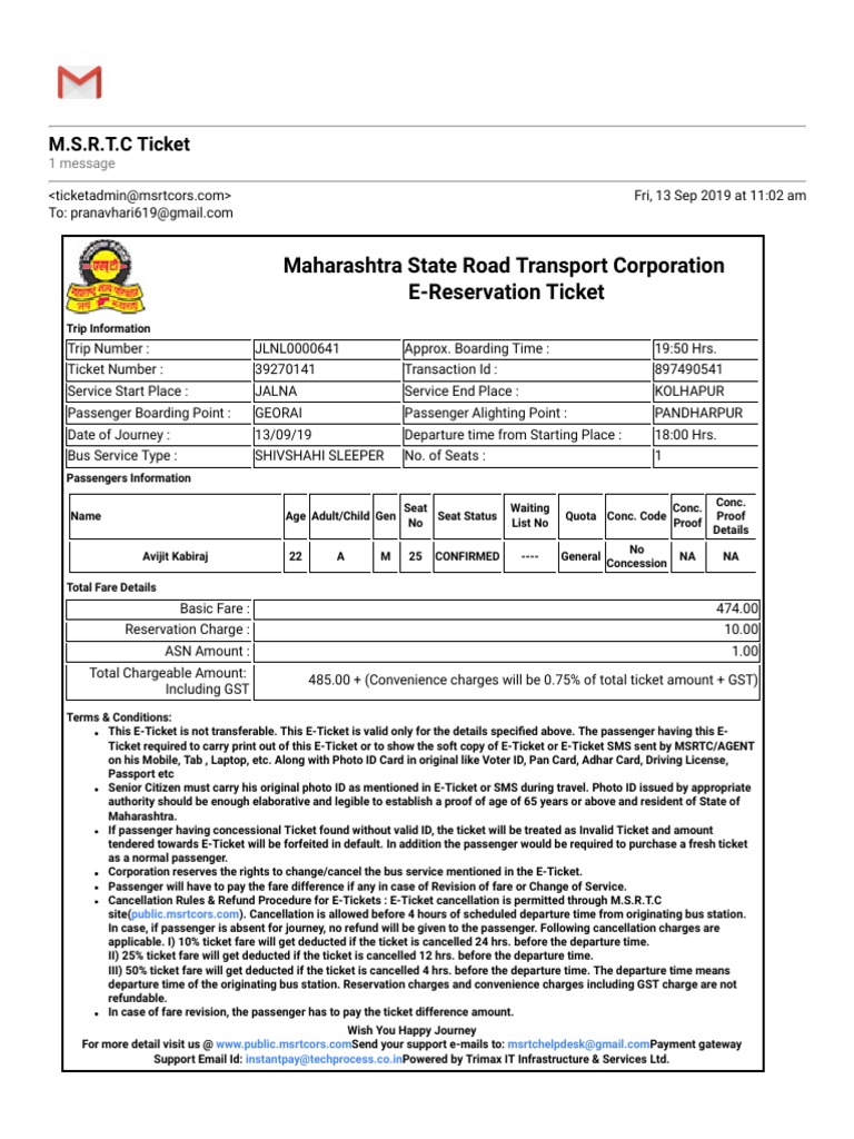 MSRTC E-Reservation Ticket Details | PDF | Identity Document | Ticket ...