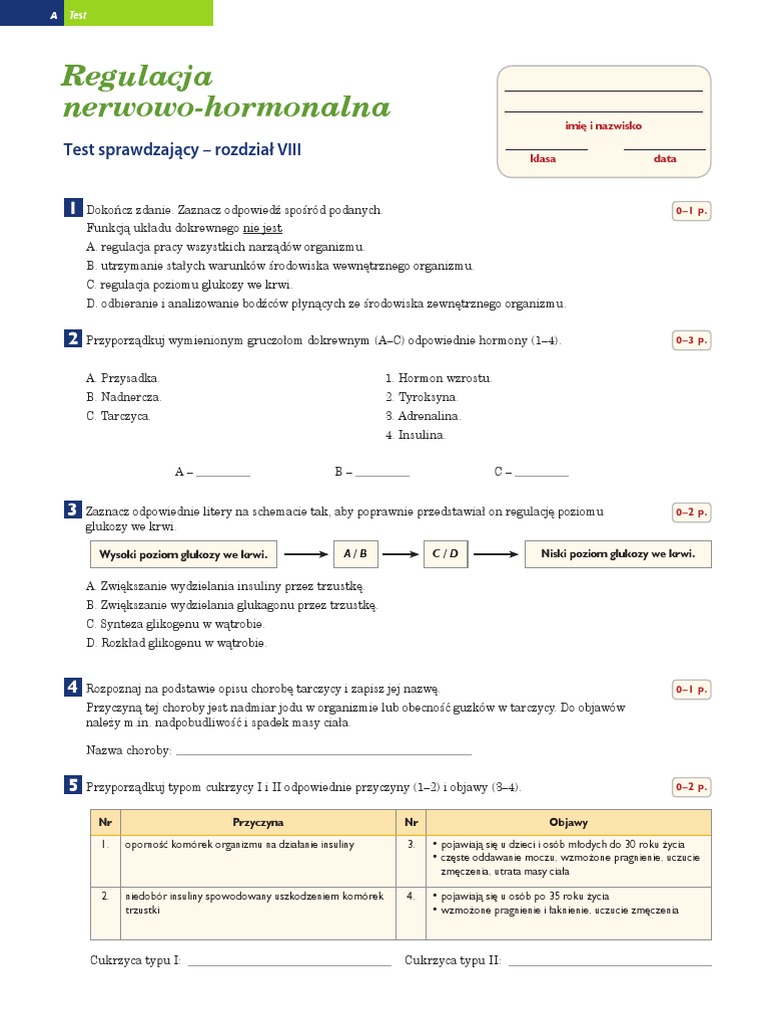 Sprawdzian Klasa 7 Biologia Regulacja Nerwowo Hormonalna Test Regulacja Nerwowo Hormonalna | PDF