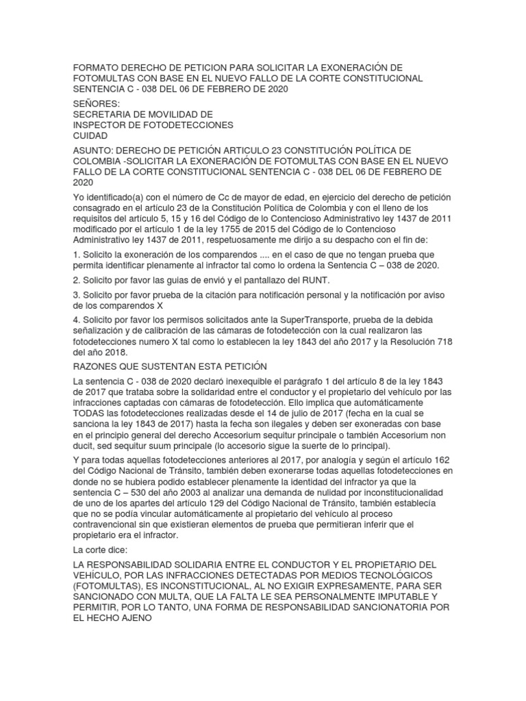 Formato Derecho de Peticion para Solicitar La Exoneración de Fotomultas