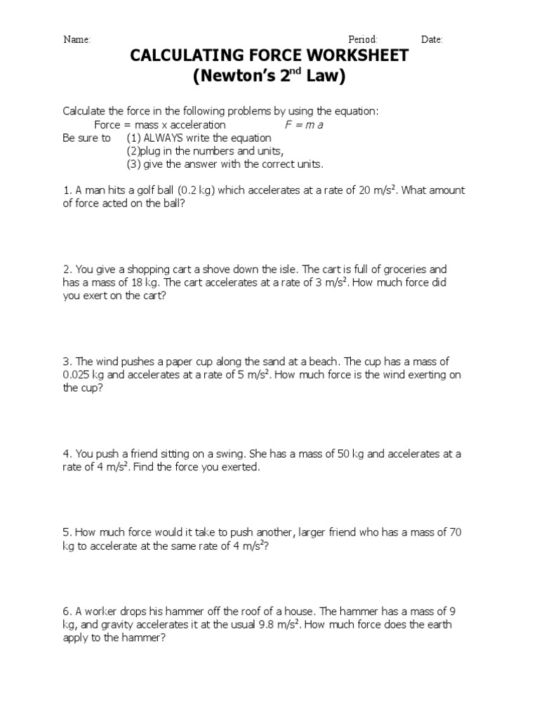 Force and Weight Calculation Worksheet | PDF | Weight | Mass