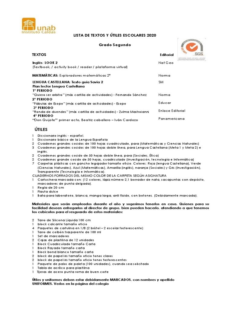 Útiles y Textos para Grado Segundo 2020 | PDF | Estudios de idiomas ...