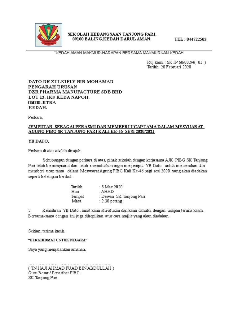 Surat Jemputan Perasmi Pibg 2020 Pdf