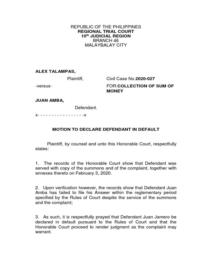 Motion to Declare Defendant in Default | PDF | Complaint | Lawsuit