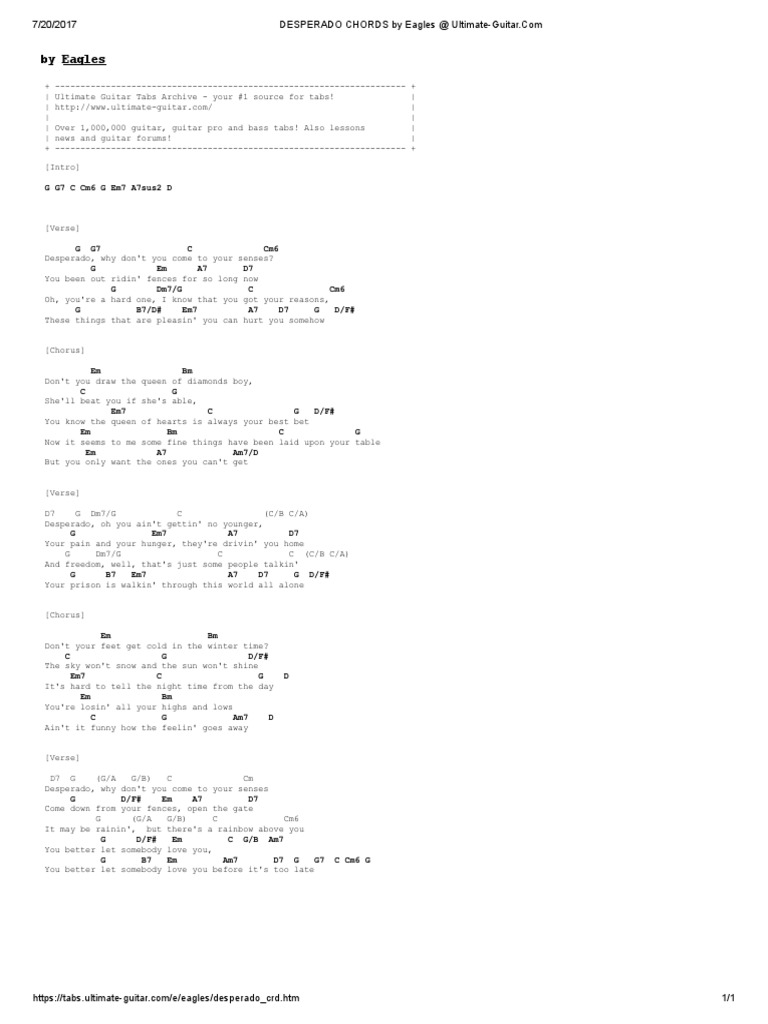 DESPERADO CHORDS by Eagles Musical Forms