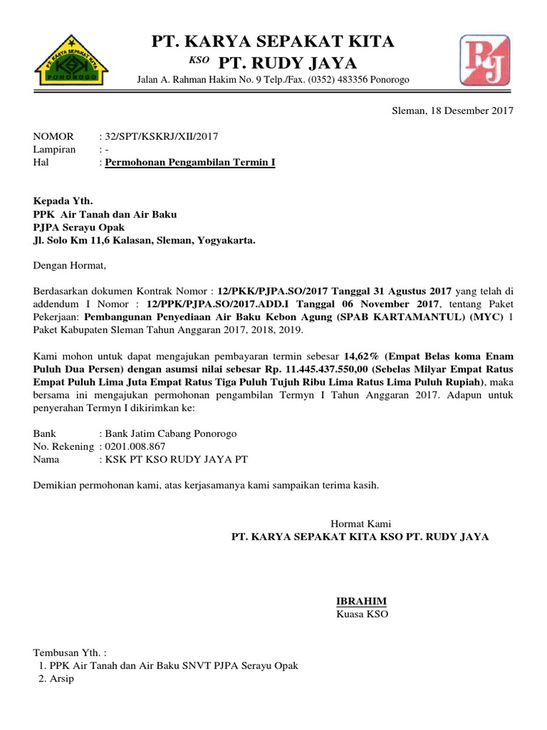 Permohonan Termin I PT Karya Sepakat Kita | PDF