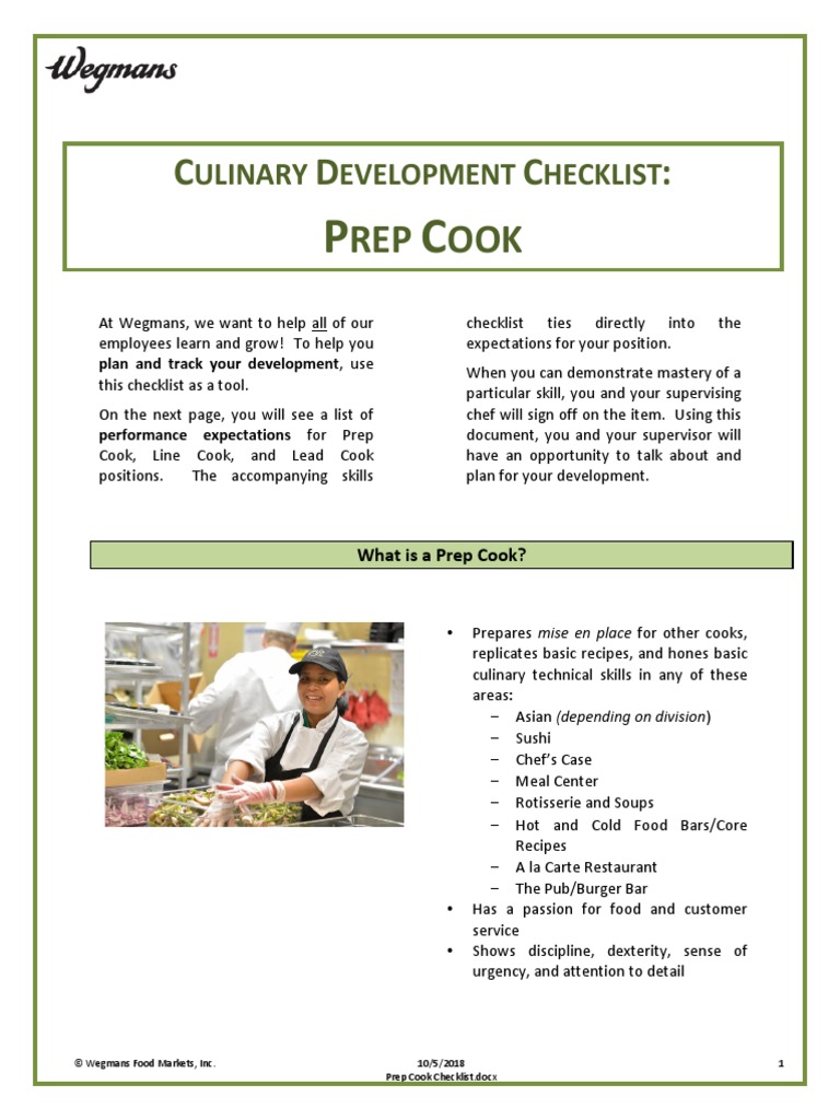 Prep Cook Checklist PDF Chef Foods