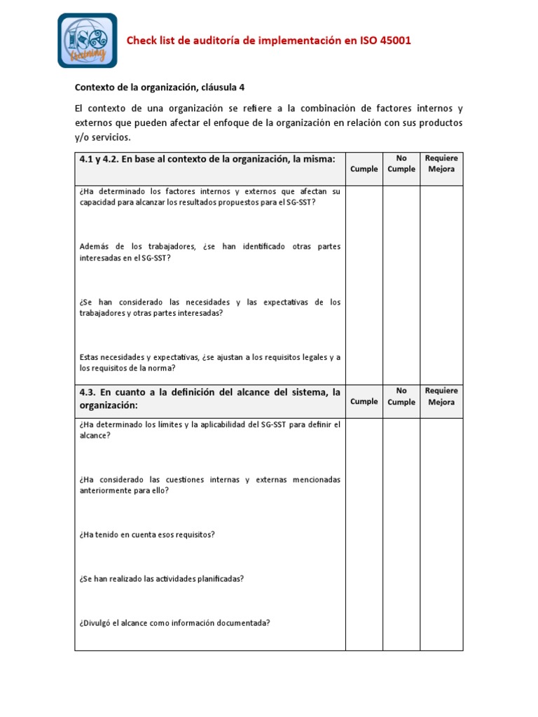 Check List Auditoría ISO 45001 | PDF | Planificación | Liderazgo