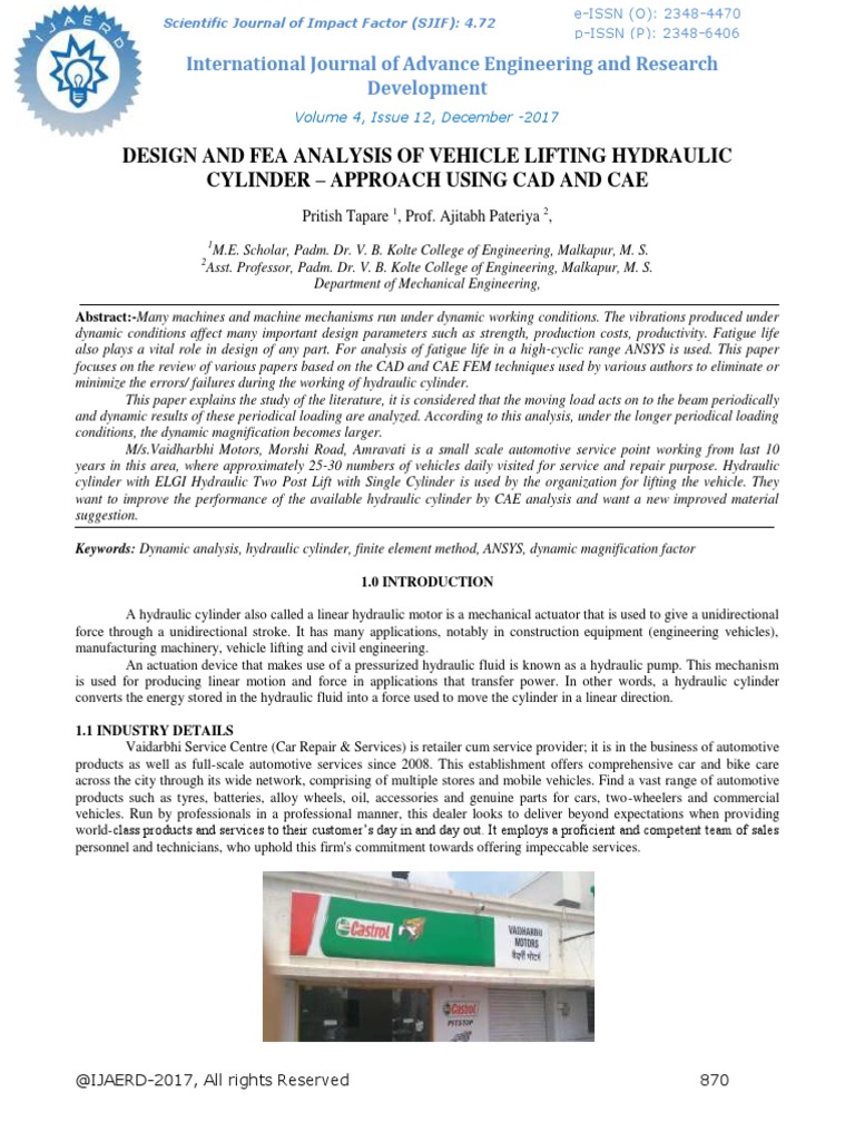 Design and Fea Analysis of Vehicle Lifting Hydraulic Cylinder Approach Using Cad and Cae