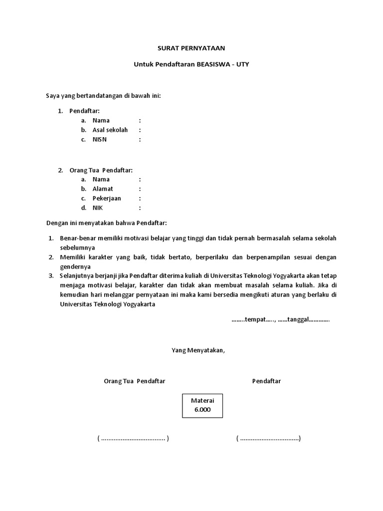 Surat Pernyataan Beasiswa | PDF