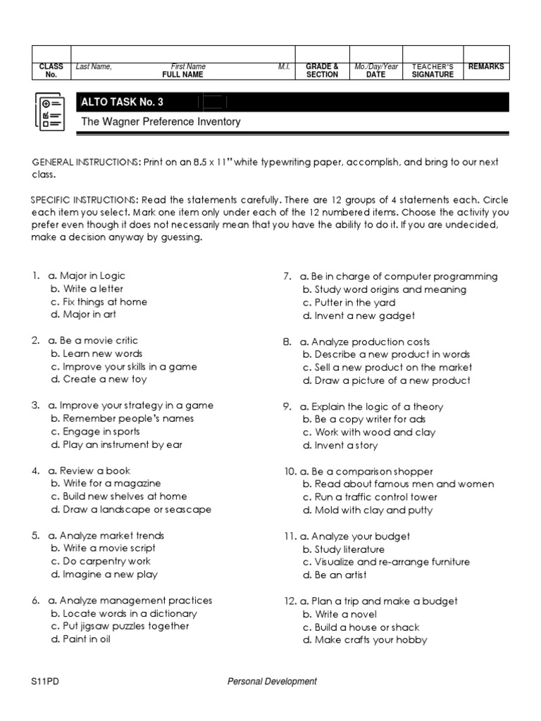 The Wagner Preference Inventory PDF Cognition Cognitive Science
