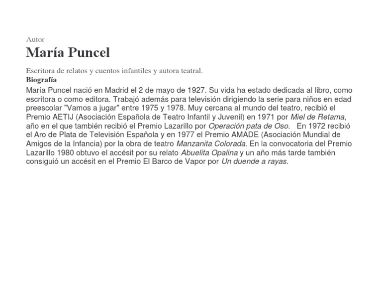 Biografía de María Puncel, escritora infantil | PDF