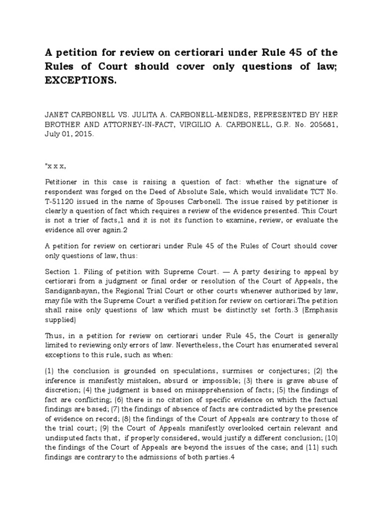 A Petition For Review On Certiorari Under Rule 45 of The Rules of Court ...