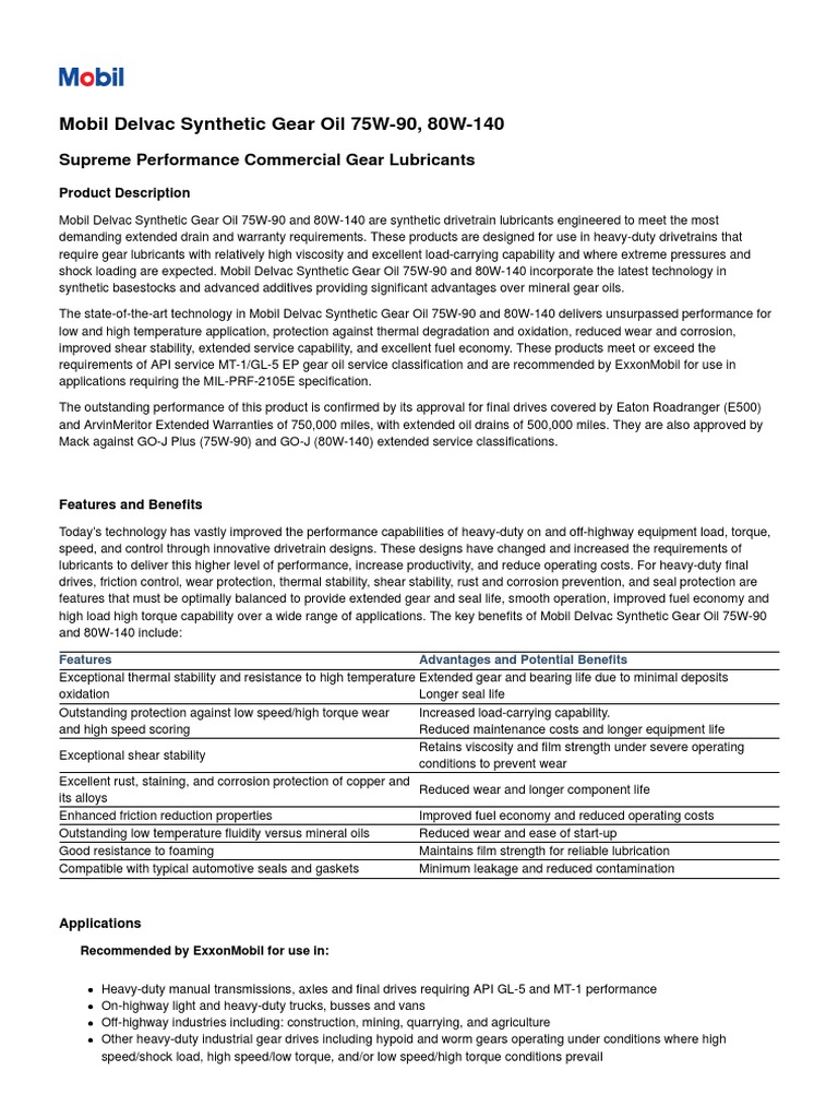 Mobil Delvac Synthetic Gear Oil 75W90, 80W140 PDF PDF
