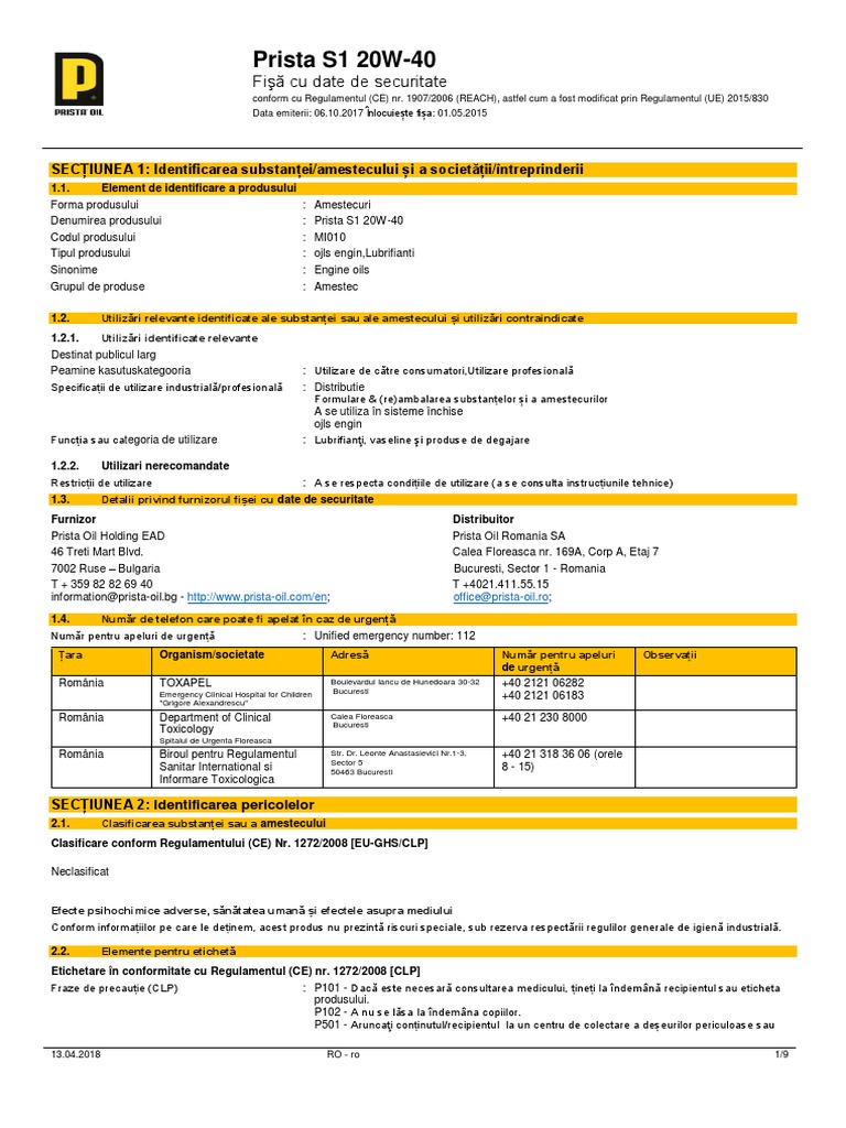 Prista S1 20W-40 | PDF