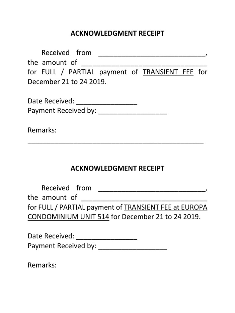 Acknowledgment Receipt for Transient Fee | PDF | Finance & Money Management