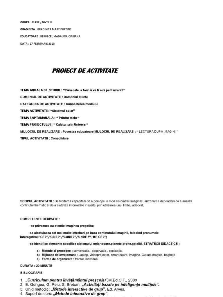 Proiect Lectura Dupa Imagini Sistemul Solar Pdf