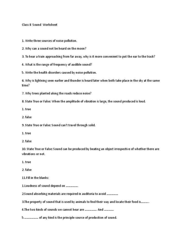 Class 8 Sound Worksheet PDF
