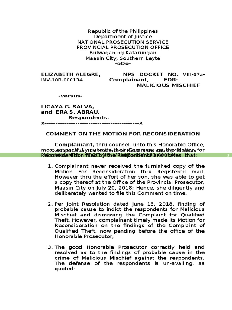 Comment on Reconsideration Motion | PDF | Public Sphere | Justice