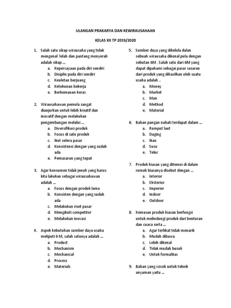 Ulangan Prakarya Dan Kewirausahaan