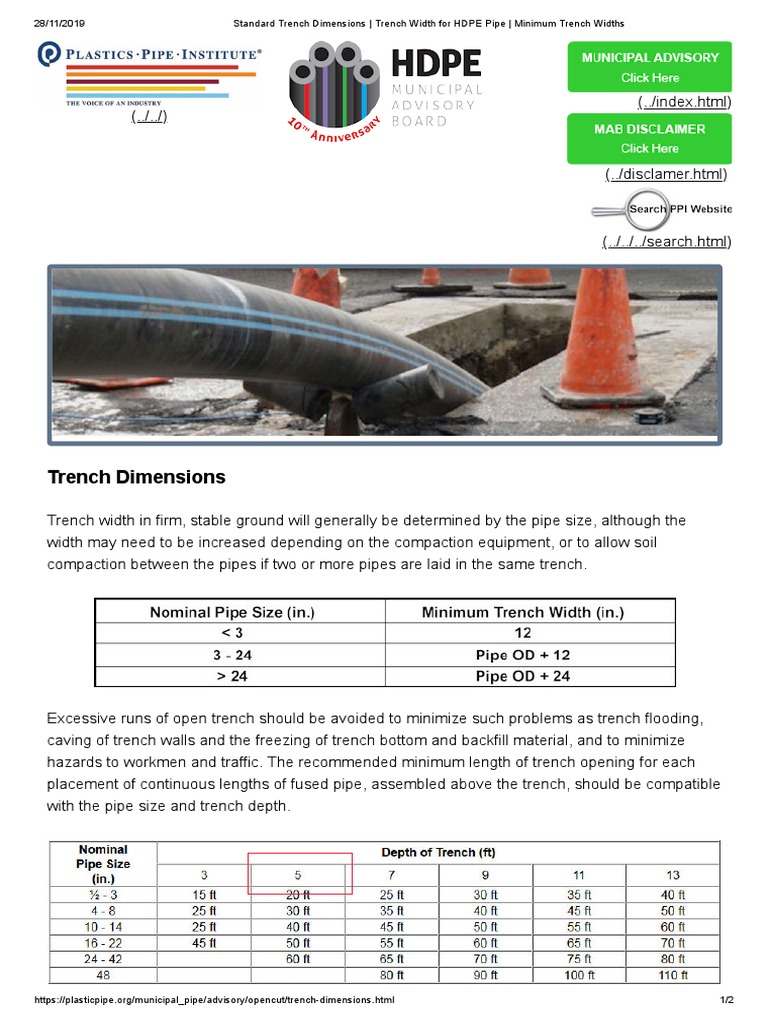 Standard Trench Dimensions Trench Width For HDPE Pipe Minimum