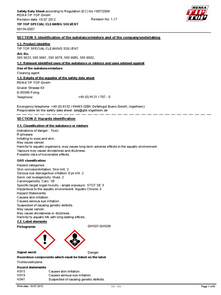 TIP TOP Special Cleaning Solvent SDS | PDF | Toxicity | Dangerous Goods