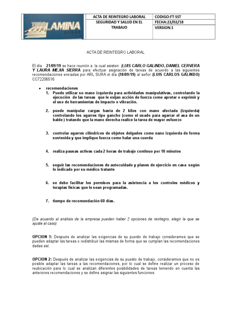 Acta de Reintegro Laboral 2019 | PDF | Business