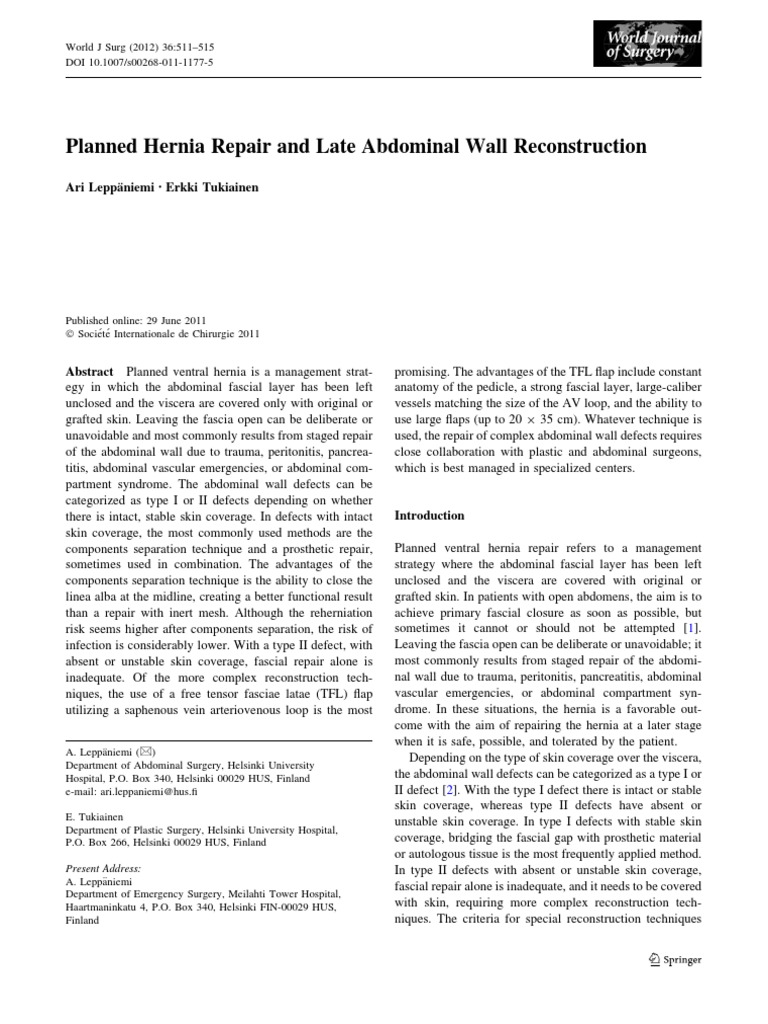 Planned Hernia Repair and Late Abdominal Wall Reconstruction | PDF