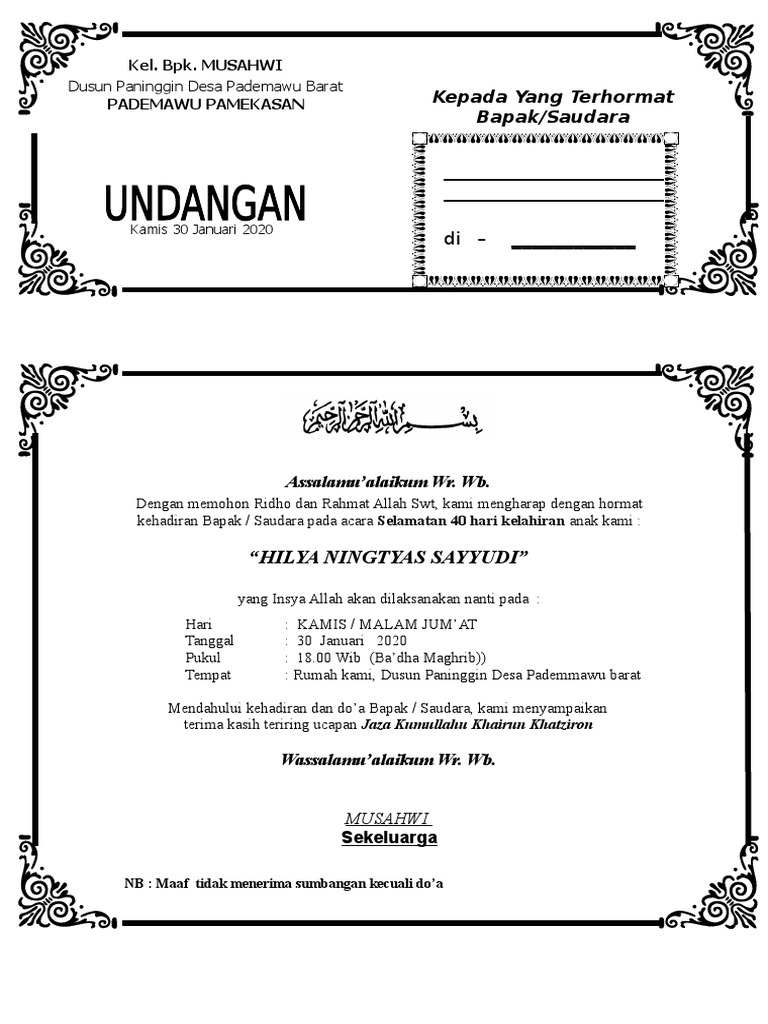 Undangan Selamatan 40 Hari Kelahiran Bayi Bernama Hilya Ningtyas