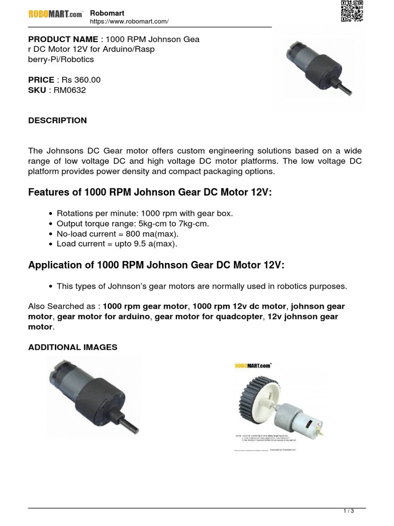 1000 Rpm Johnson Geabrr Dc Motor 12v For Arduinoraspbrberry Pirobotics Rm0632 By Robomart November 5 18 5 28 Pm Pdf