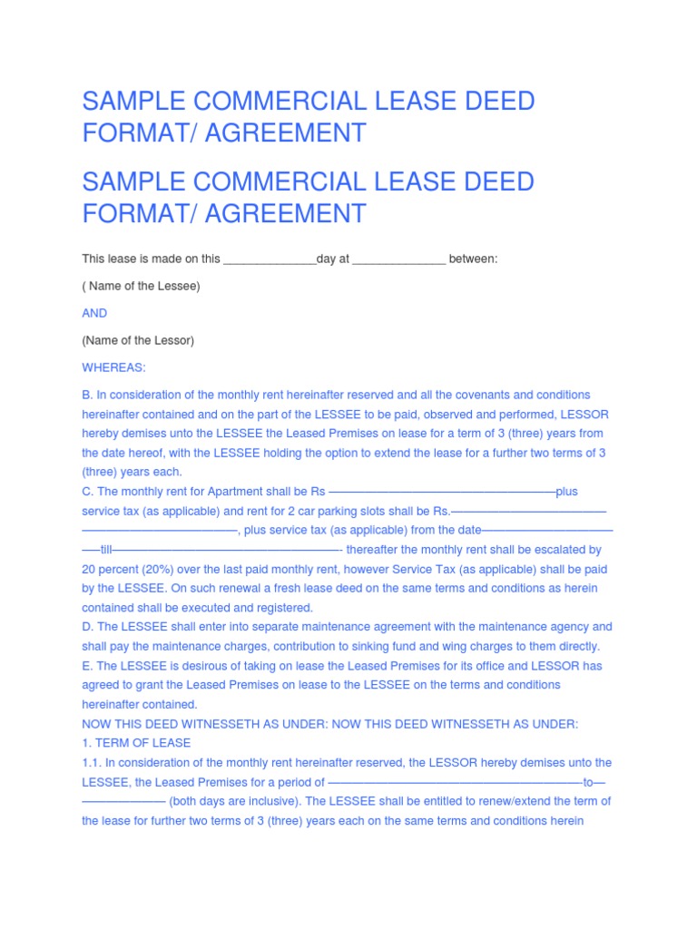 Sample Commercial Lease Deed Format | PDF | Lease | Law And Economics