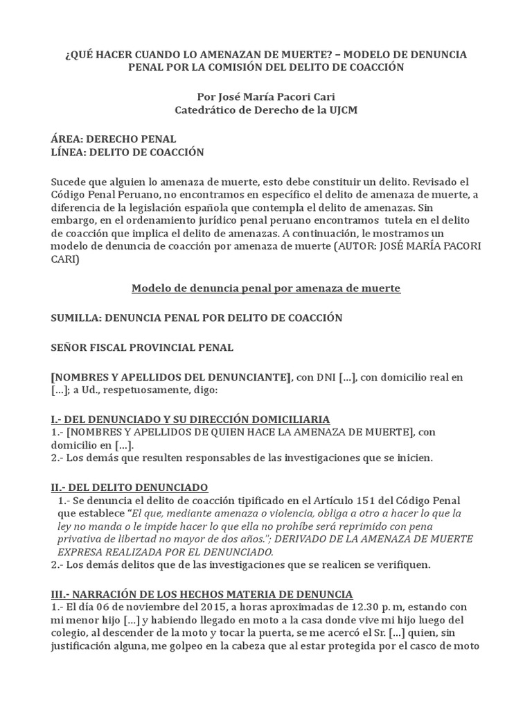 Modelo de Denuncia por Amenazas de Muerte | PDF | Derecho penal | Ley