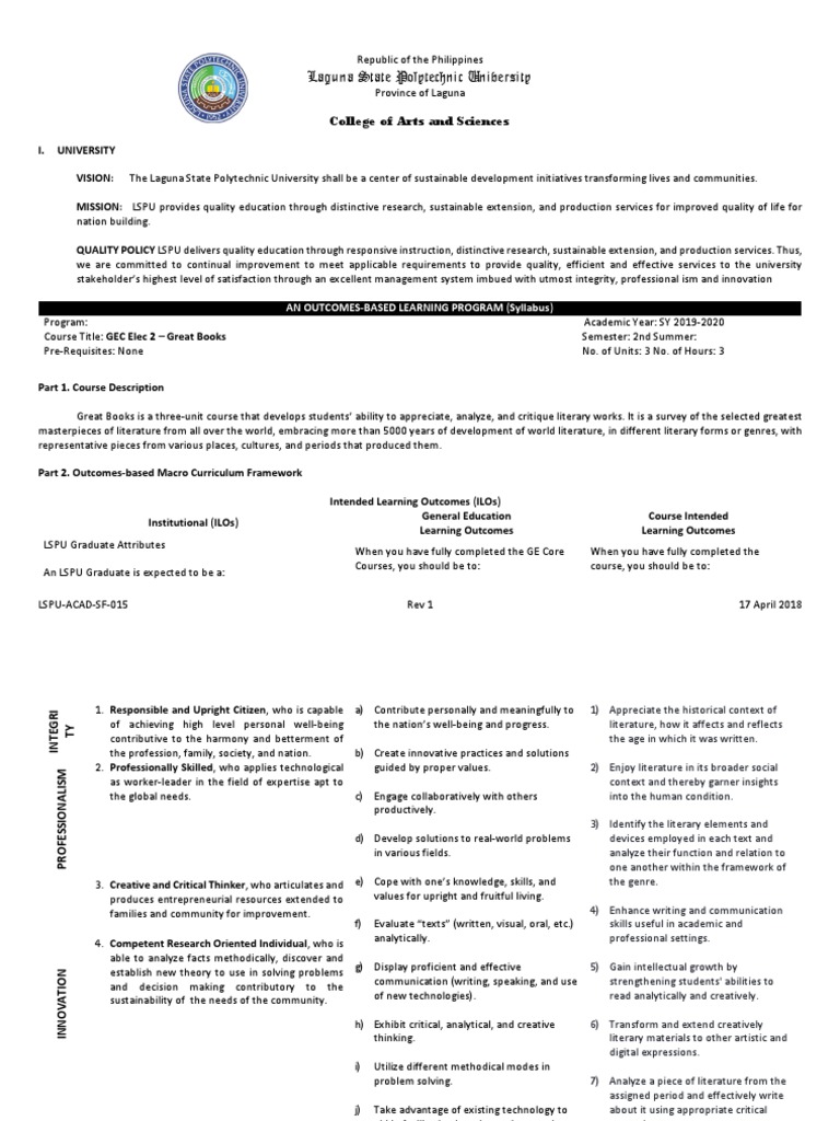 An Learning Program for the Great Books Course at Laguna