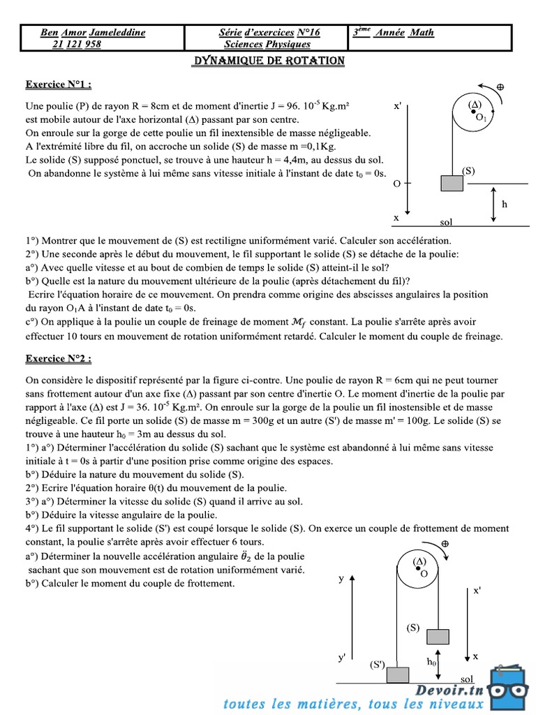 Exercices Corrigés de Dynamique de Rotation | PDF