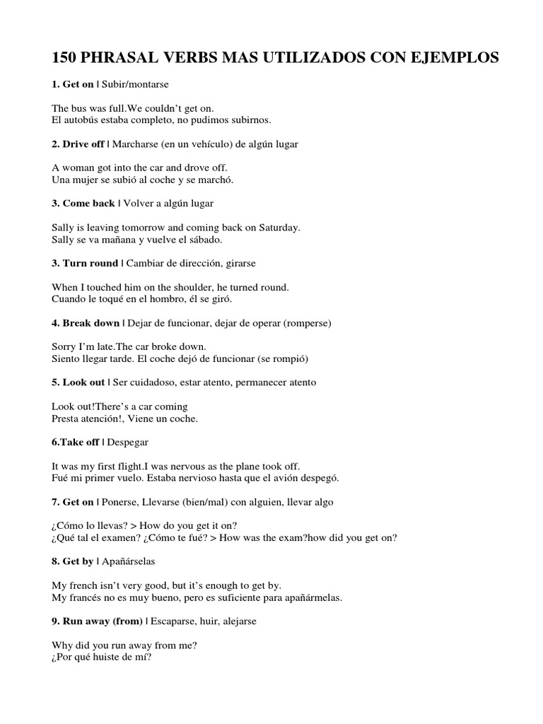 150 Phrasal Verbs Mas Utilizados Con Ejemplos Pdf
