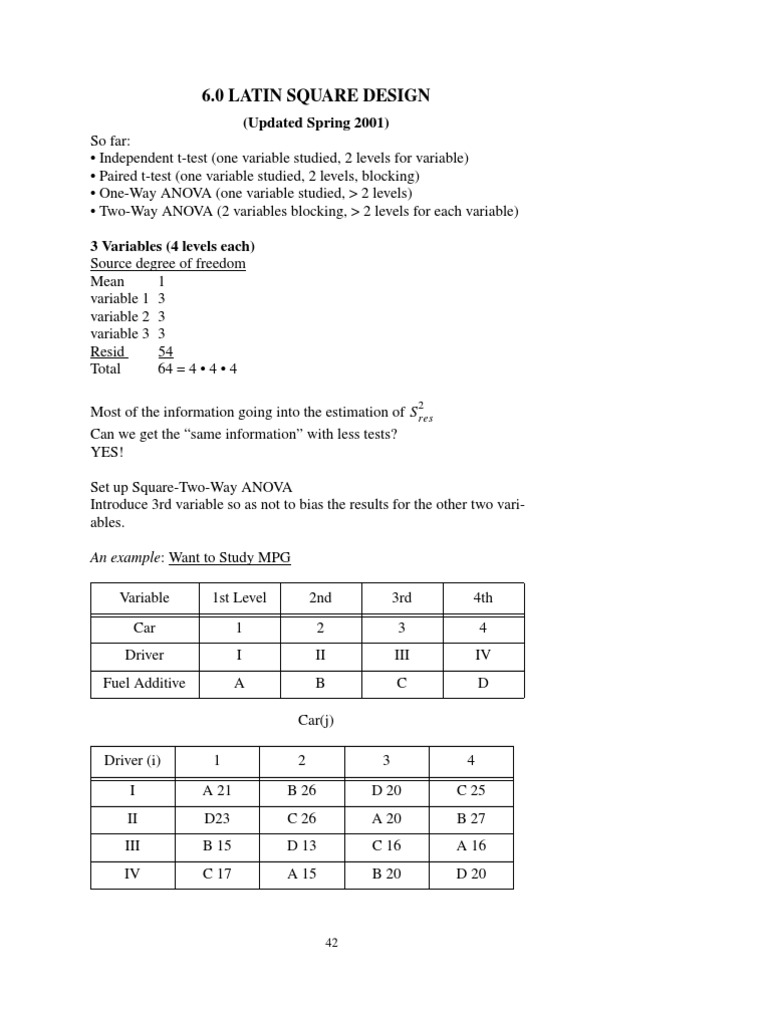 6.0 Latin Square Design: (Updated Spring 2001) | PDF | Student's T Test ...