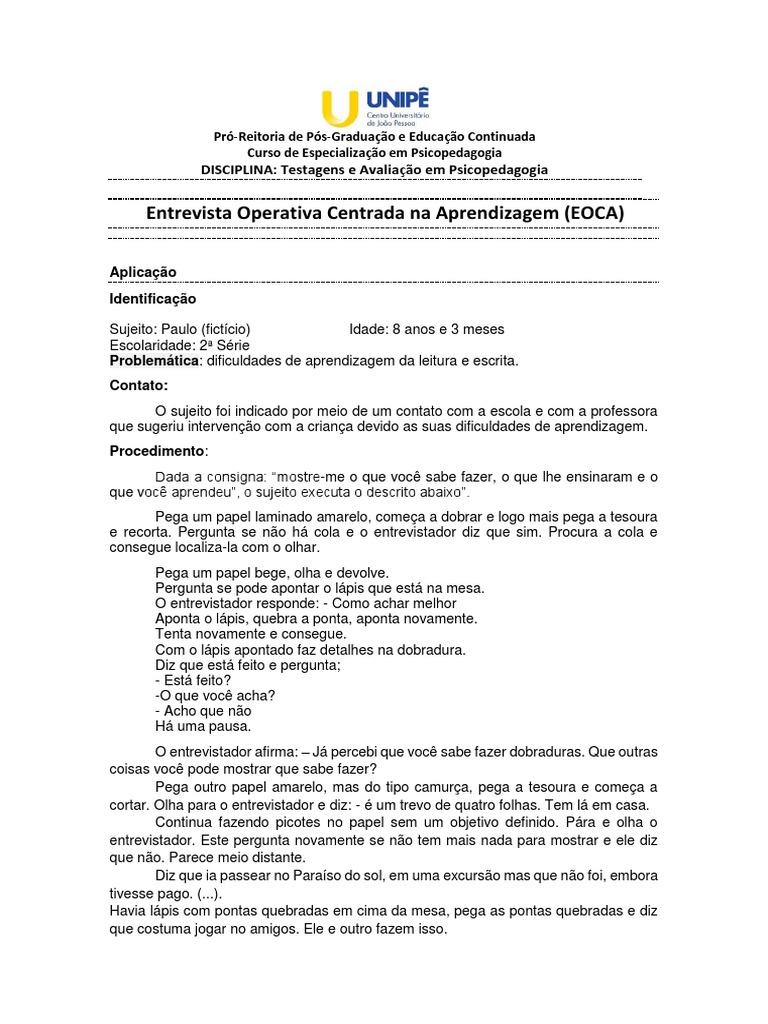 Aplicação da EOCA em Psicopedagogia | PDF | Artes Linguísticas e Disciplina