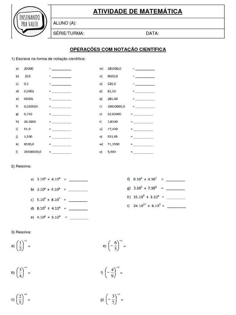 8o Ano - Exercício - OPERAÇÕES COM NOTAÇÃO CIENTIFICA | PDF