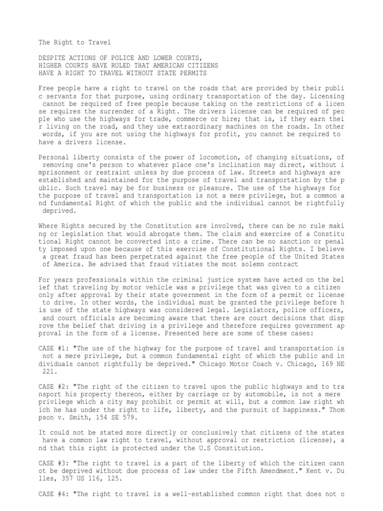 Right To Travel PDF Freedom Of Movement United States Constitution