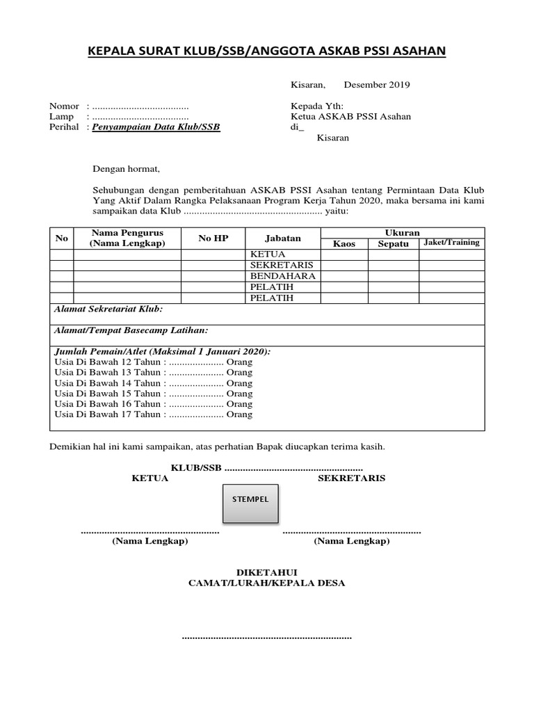 Contoh Surat Penyampaian Data Klub