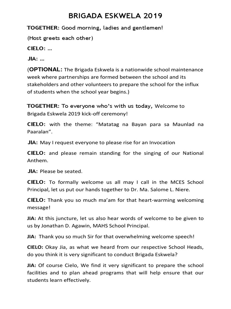 28+ Sample Emcee Script For Brigada Eskwela Opening Program best example