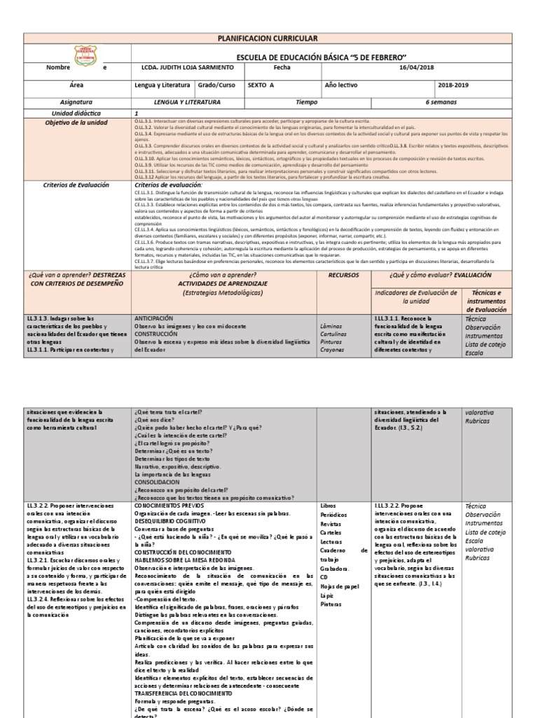 Planificación Lengua y Literatura 6to A | PDF | Artes del Lenguaje y ...