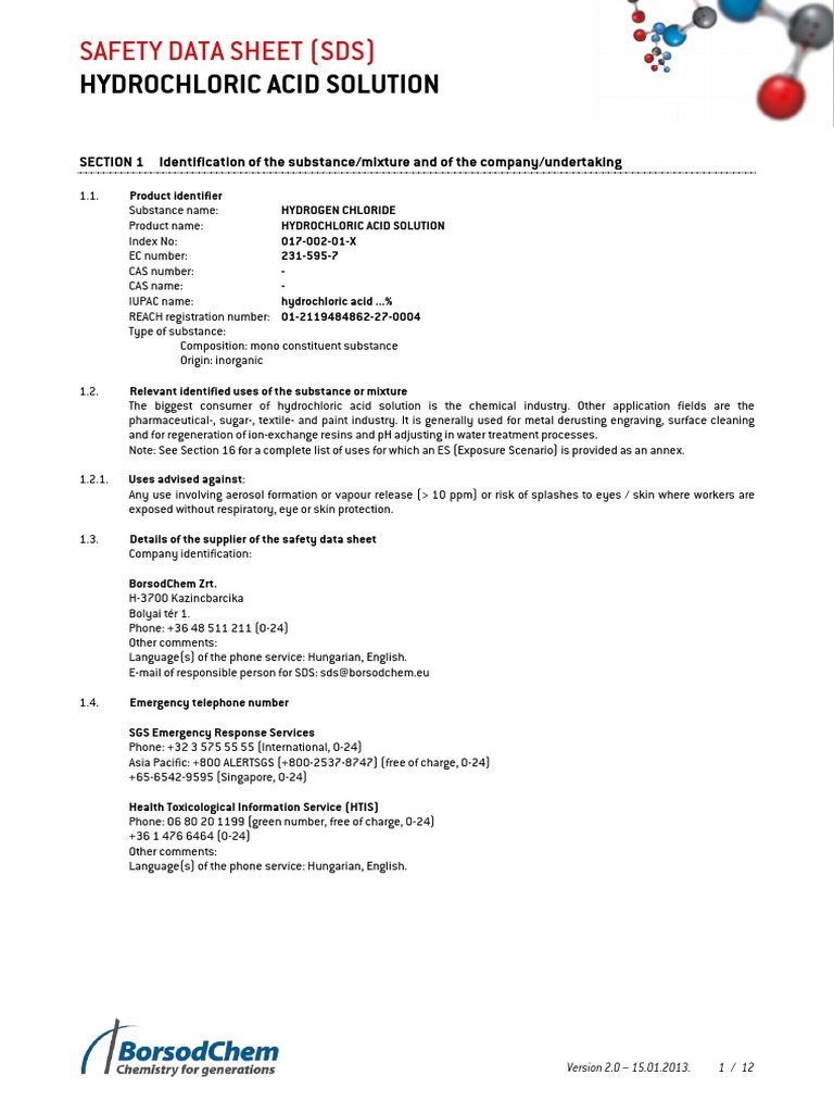 Hydrochloric Acid Safety Data Sheet | PDF