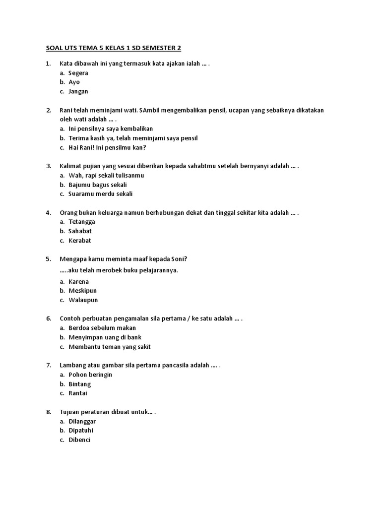 Soal Uts Tema 5 Kelas 1 Sd Semester 2 Pdf