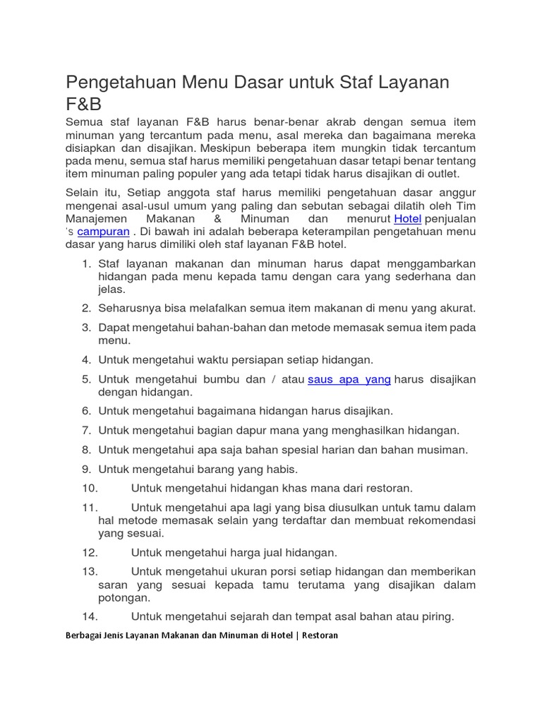 Menu Dasar Staf Layanan F&B | PDF | Memasak, Makanan, & Anggur | Kajian ...