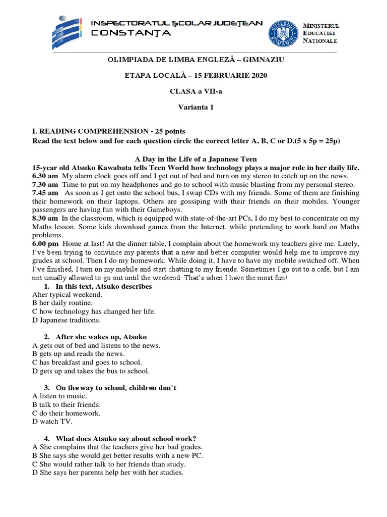 English Olympiad Exam for 7th Grade | PDF | Language Arts & Discipline