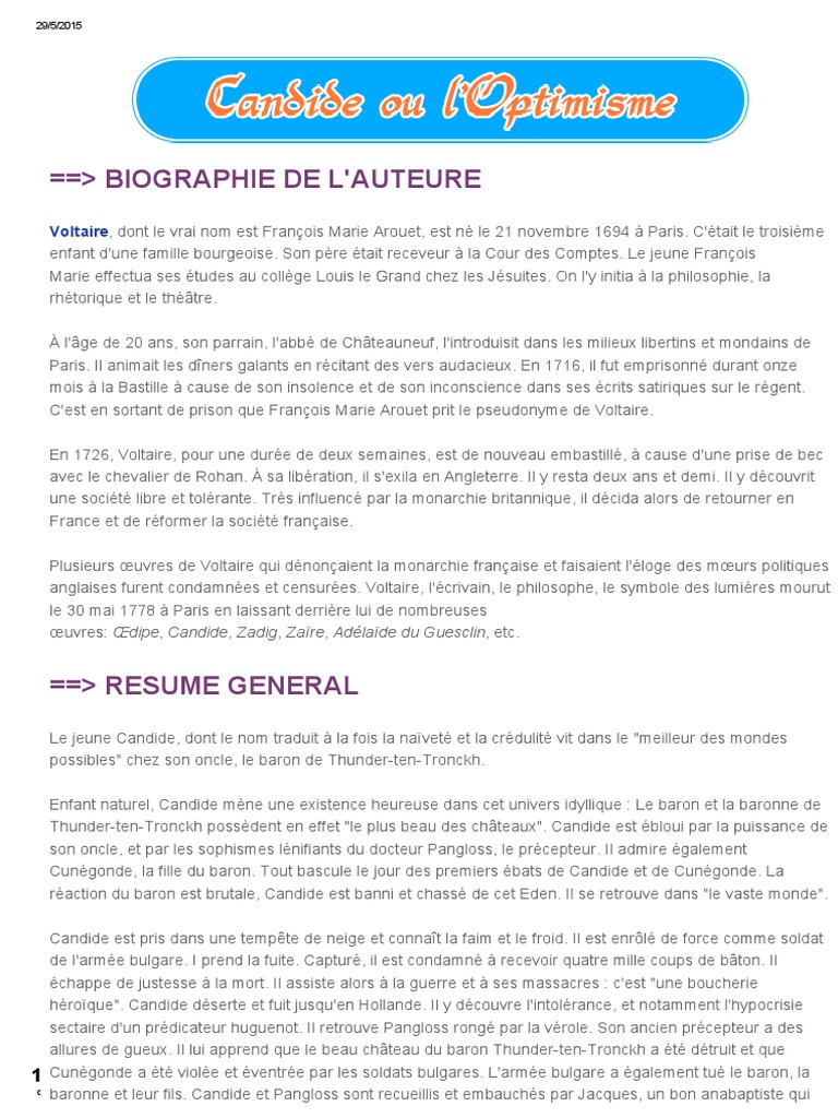 Resumer De Candide De Voltaire Candide Ou L Optimisme PDF | PDF