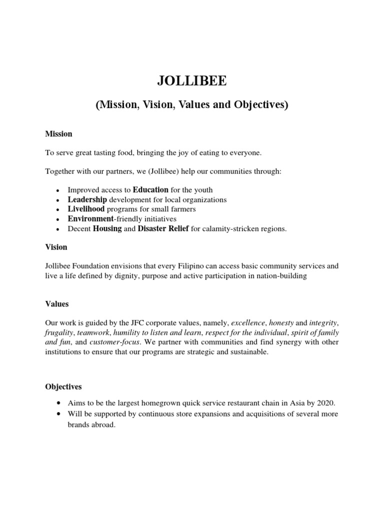 Jollibee's Mission & Vision, Values and Objectives PDF