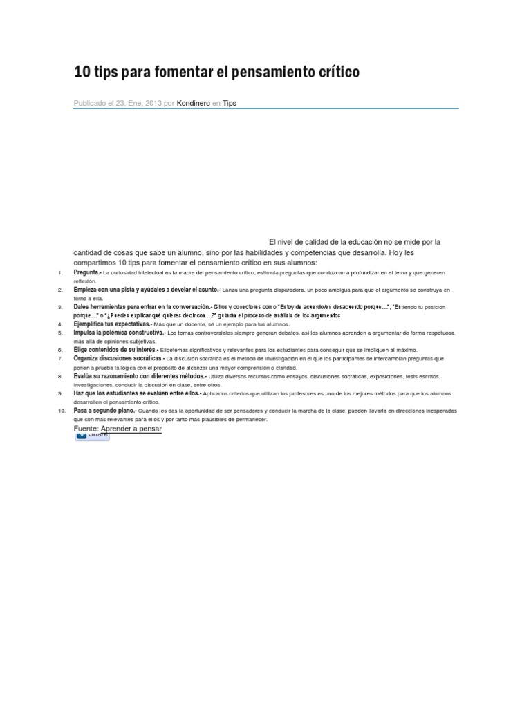 10 Tips para Fomentar el Pensamiento Crítico | PDF | Crecimiento ...